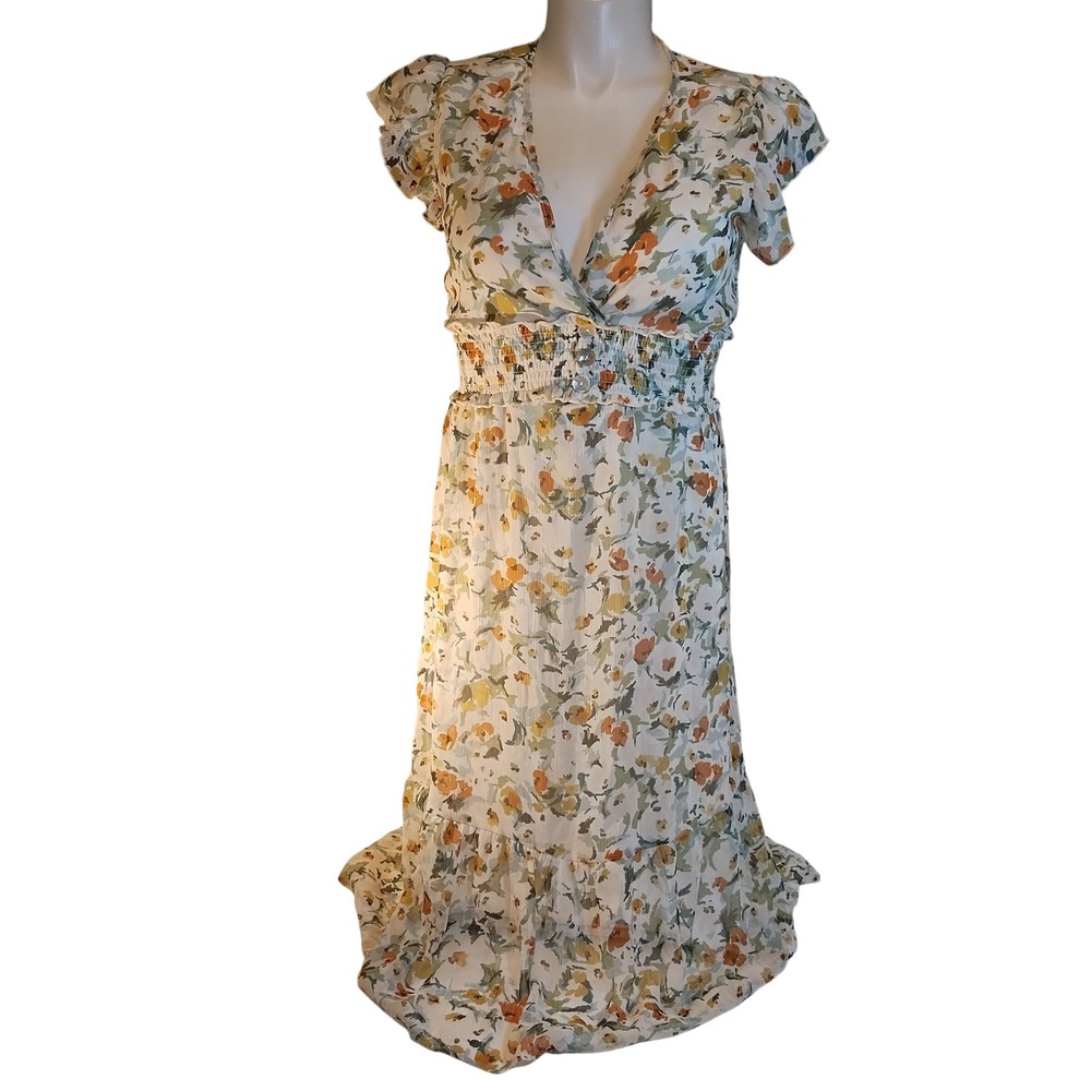 Floral Smocked Waist V-Neck Midi Dress Ruffle Sleeves CottageCore Romantic LG